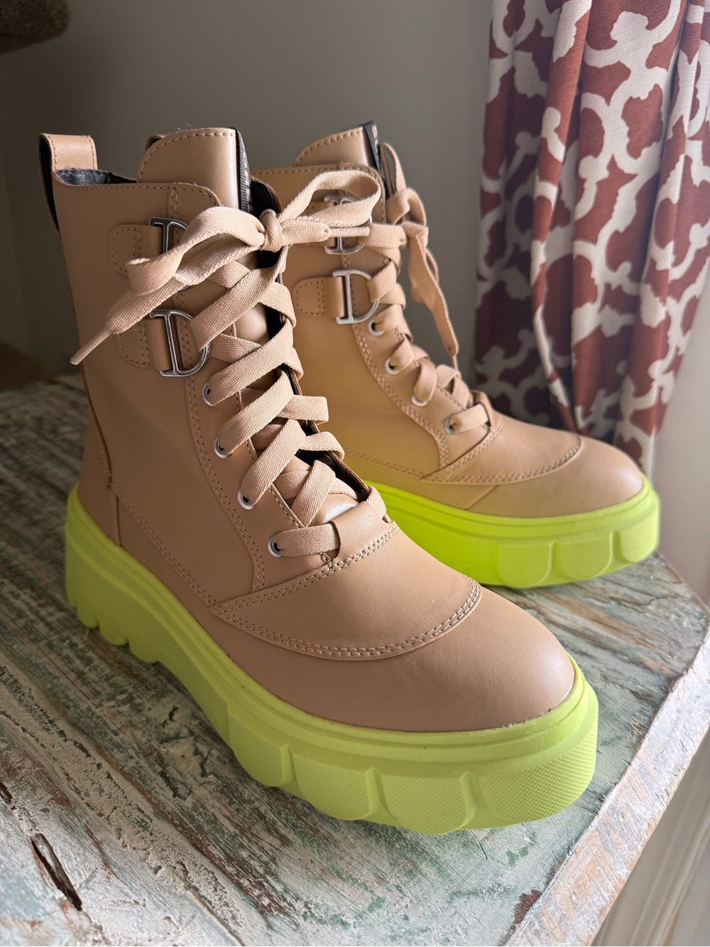 Sorel Beige Combat Boots with Neon Yellow Platform Sole